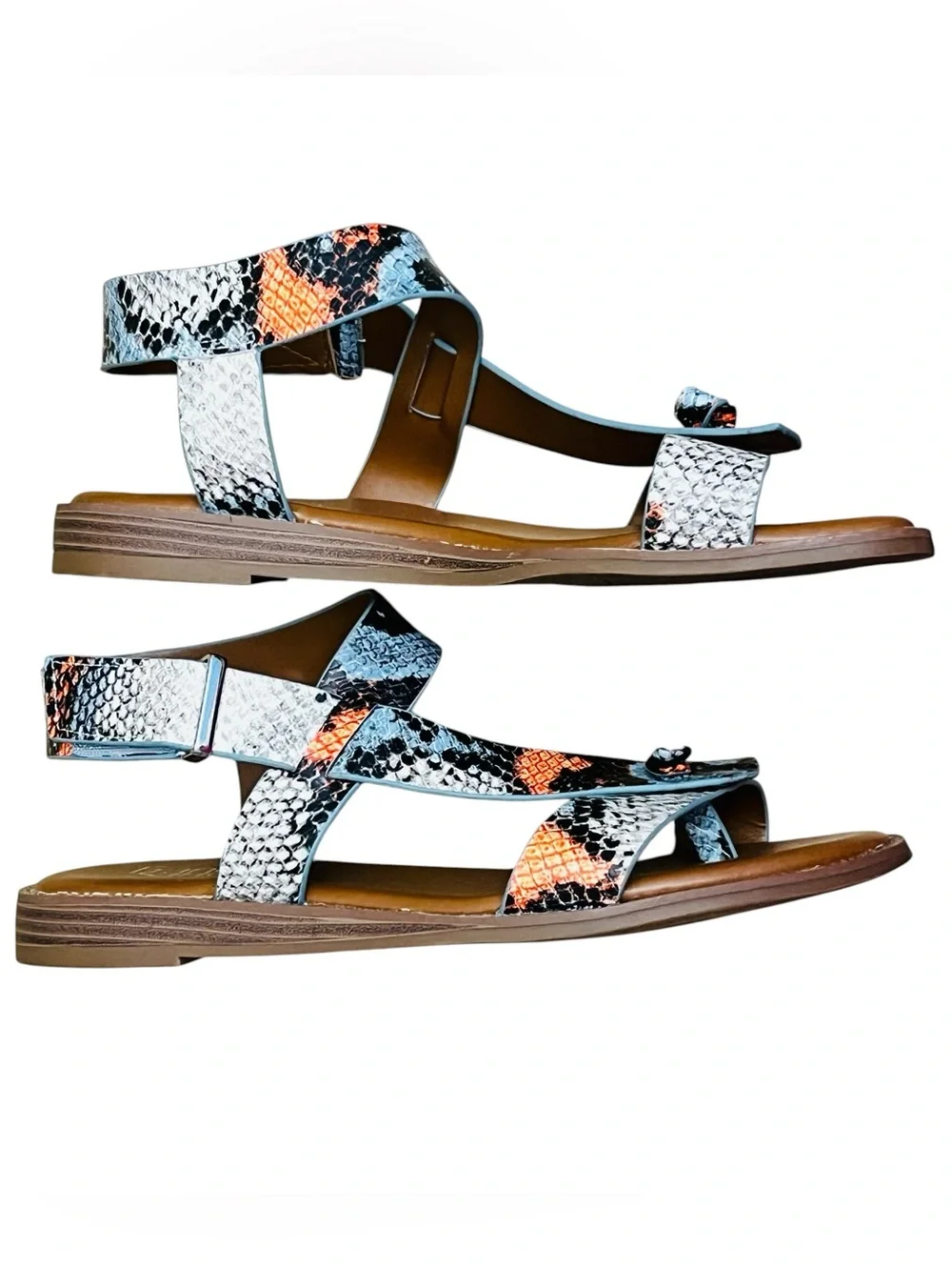 Franco Sarto Glenni Sandals Womens 6.5 M Snake Print Ankle Strap Toe-Post Flat